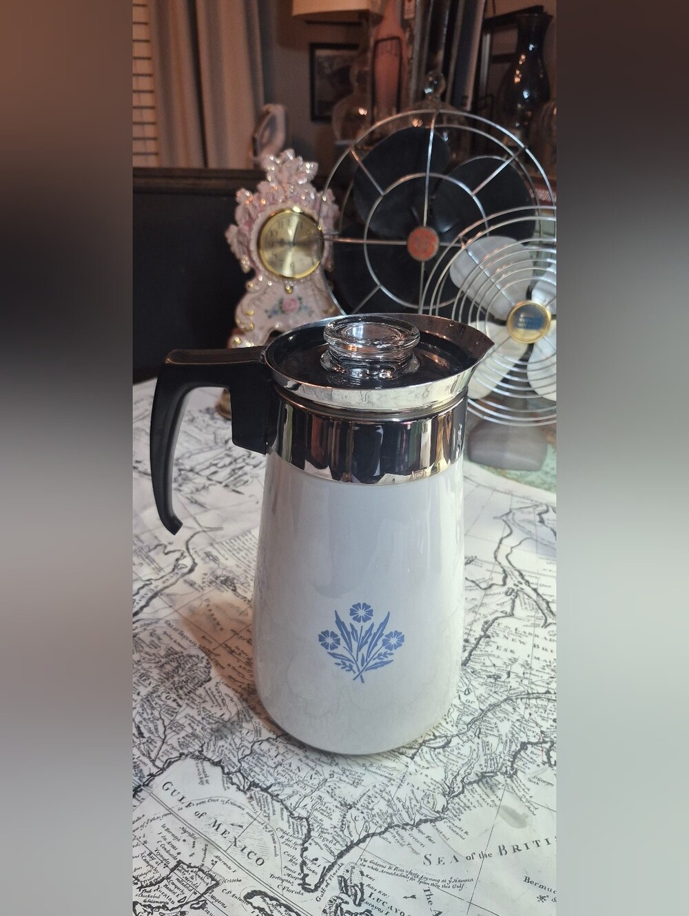 Corningware White and Blue Floral Thermal Carafe with Black Handle
